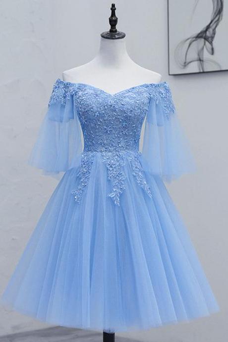 Lovely Light Blue With Lace Off Shoulder Short Prom Dress, Blue Homecoming Dresses