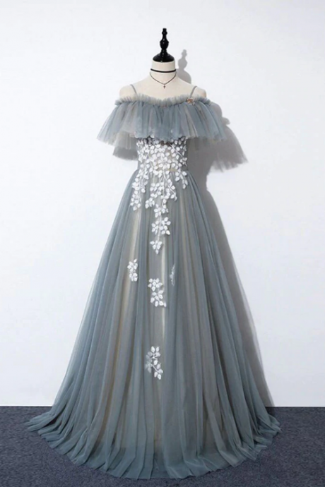 Grey Off Shoulder Straps Tulle With Lace Long Party Dress, Grey Formal Dress