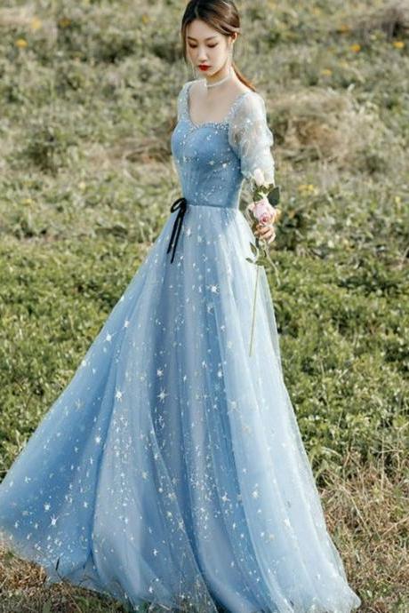 Beautiful Blue Short Sleeves A-Line Beaded Tulle Party Dress Prom Dresses, Blue Evening Dresses