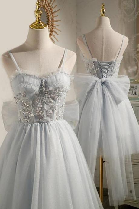 Lovely Sliver-Grey Tulle With Beaded Short Party Dresses, Tulle Short Prom Dresses 