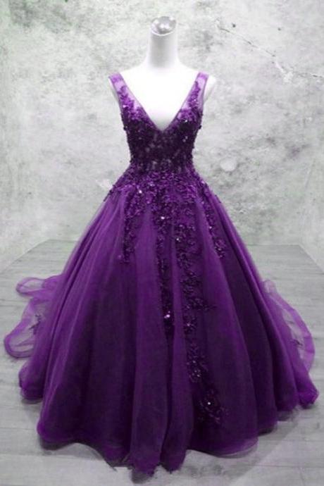Glam Purple V-Neckline Tulle Beaded And Lace Formal Gown, Purple Long Prom Dresses