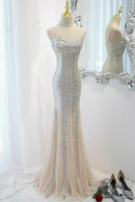 Sliver Sequins Mermaid Straps Long Evening Gown Prom Dress, Long Party Dress Formal Dresses