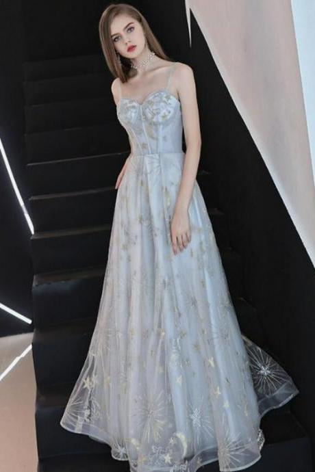 Beautiful Grey-Blue Straps Sweetheart Tulle Long Party Dresses, A-Line Formal Dresses