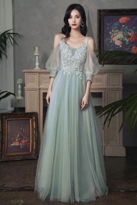 Beautiful Tulle A-Line Floor Length Evening Dresses Party Dress, Tulle Party Dress With Lace