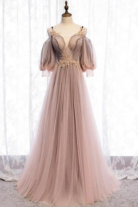 Dark Pink Tulle V-Neckline Straps Floor Length Party Dresses, Pink Tulle Formal Dresses
