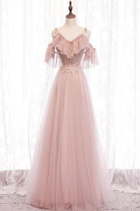 Pink Off Shoulder Lace With Tulle A-Line Prom Dresses, Pink Floor Length Party Dresses