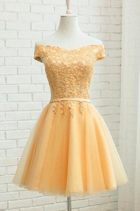 Champagne Tulle Short Lace Applique Bridesmaid Dress, Short Prom Dress Homecoming Dress