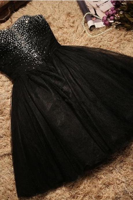 Black Sparkle Beaded Sweetheart Tulle Prom Dress, Black Homecoming Dress