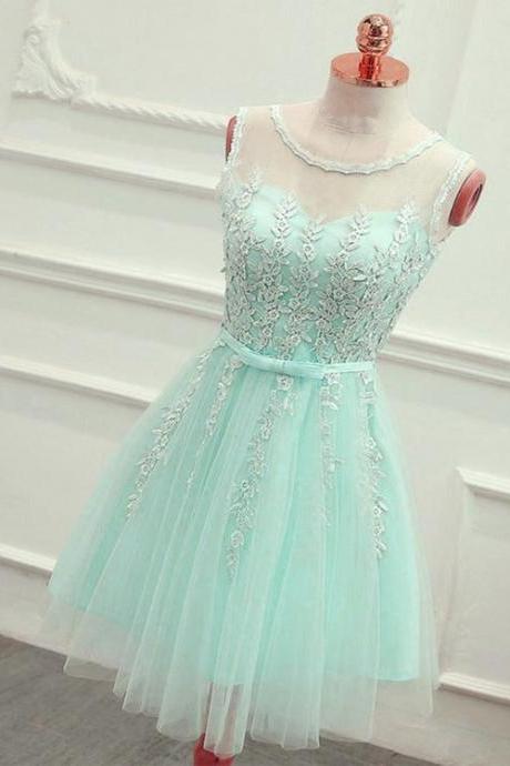 Cute Mint Green Tulle Short Party Dress With Lace Applique, Homecoming Dress