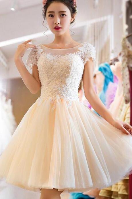 Light Champagne Tulle Short Party Dress, Lace Applique With Beadings Homecoming Dress