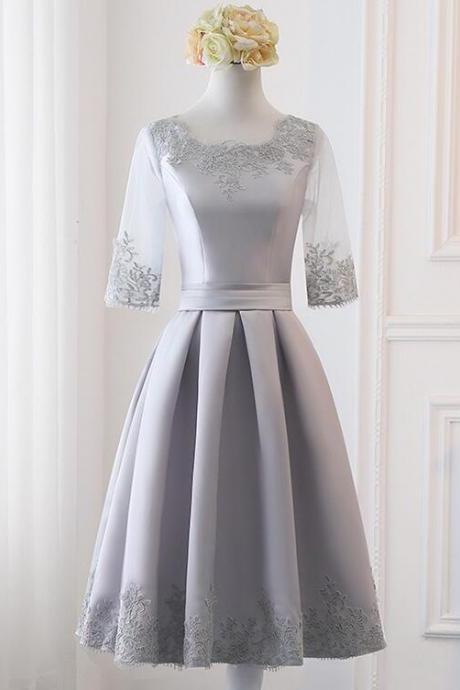 Grey Simple Knee Length Satin Short Sleeves Party Dress, Wedding Party Dress