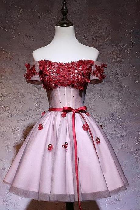 Cute Red Off Shoulder Tulle Lace Applique Homecoming Dress, Red Short Prom Dress