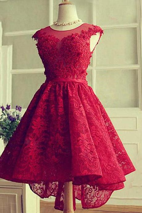 Fashionable Wine Red Lace High Low Party Dress, Lace Homecoming Dress