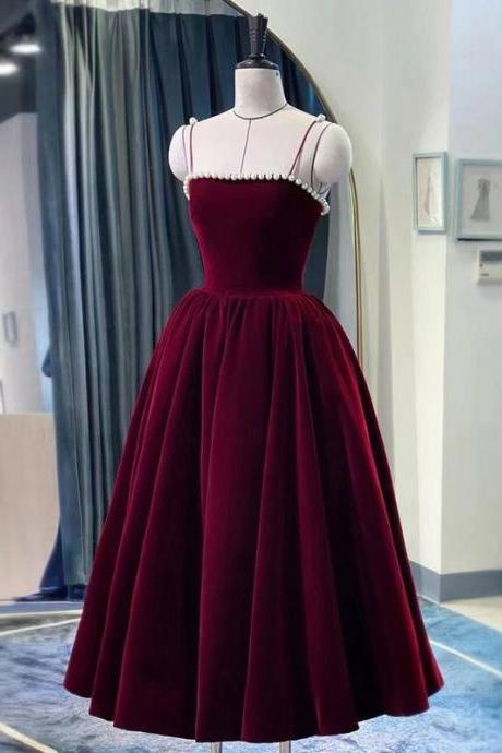 Burgundy tea length prom dress, burgundy evening dress 03