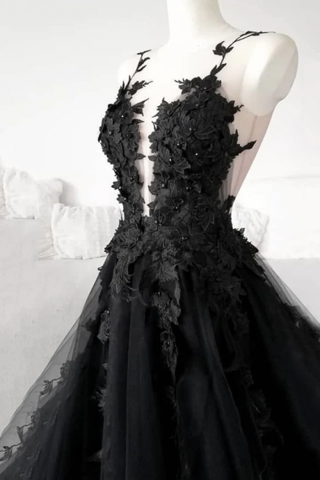 Black lace tulle long prom dress black evening dress 04