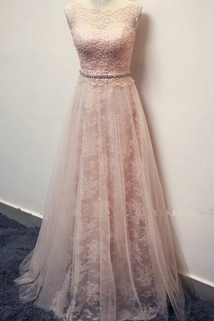 Lace Prom Dresses,Princess Prom Dress,ModestProm Gown,Pearl Pink Prom Gown,Elegant Evening Dress,Tulle Evening Gowns