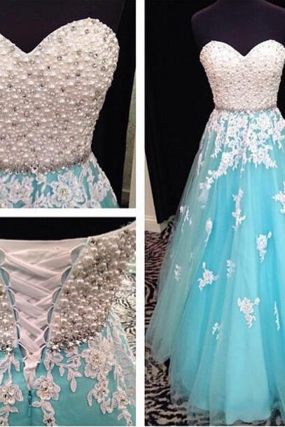 Light Blue Prom Dresses,Tulle Prom Dress,Lace Prom Gown,Beaded Prom Dresses,Evening Gowns,2016 New Evening Dresses