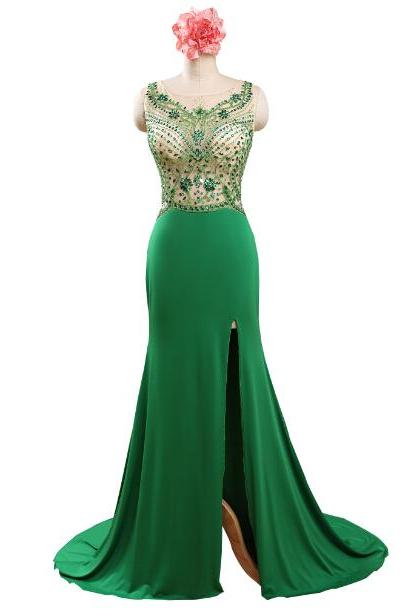 Green Prom Dresses,Beaded Evening Dress,Backless Prom Dresses,Beading Prom Dresses,2016 Prom Gown,Slit Prom Dress,Princess Formal Gowns for Teens
