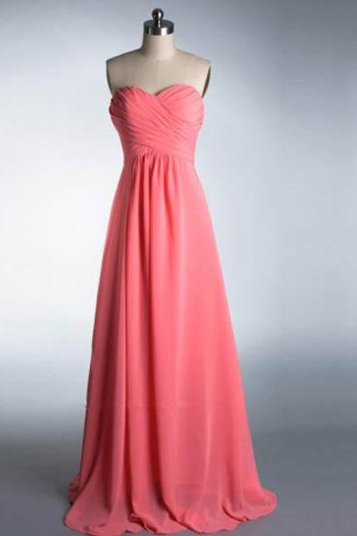 Pink Chiffon Ruched Sweetheart Floor Length A-Line Bridesmaid Dress, Formal Dress 