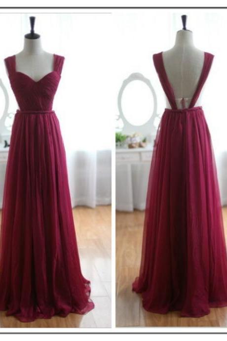 Backless Bridesmaid Gown,Burgundy Prom Dress,Chiffon Prom Gown,Simple Bridesmaid Dress,Cheap Evening Dresses,Wine Red Bridesmaid Dresses,Straps Bridesmaid Gown For Weddings