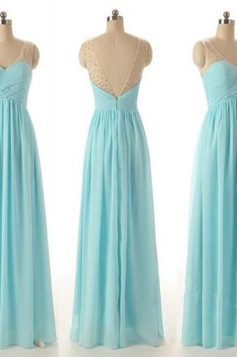 Blue Prom Dresses,A-Line Prom Dress,Beading Prom Dress,V neck Prom Dress,Chiffon Prom Dress,Simple Evening Gowns,Cheap Party Formal Gowns For Teens