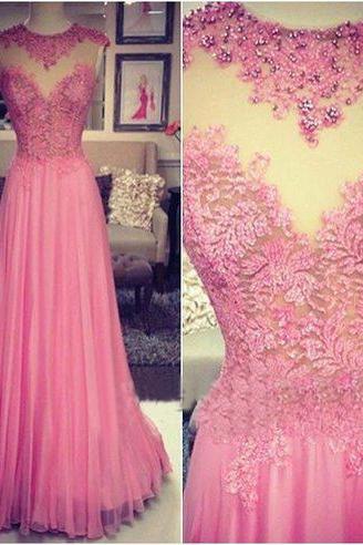 Lace Prom Dresses,Pink Prom Dress,Modest Prom Gown,A Line Prom Gown,Lace Evening Dress,Beaded Evening Gowns,2016 New Fashion Party Gowns