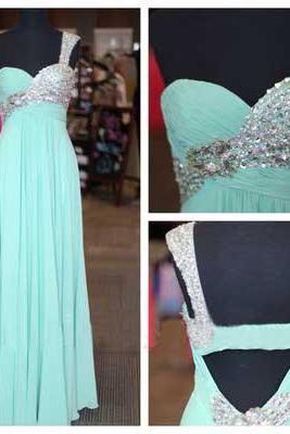 One Shoulder Prom Dresses,Chiffon Prom Gowns,Backless Prom Dresses,2016 Party Dresses,Long Prom Gown,Princess Prom Dress,Sparkly Evening Gowns,Open Back Prom Gowns,Mint Green Evening Gowns