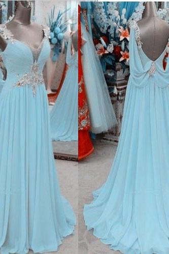 Light Sky Blue Prom Dresses,Chiffon Prom Gowns,Backless Prom Dresses,2016 Party Dresses,Long Prom Gown,Princess Prom Dress,Sparkly Evening Gowns,Open Back Prom Gowns,Sexy Evening Gowns