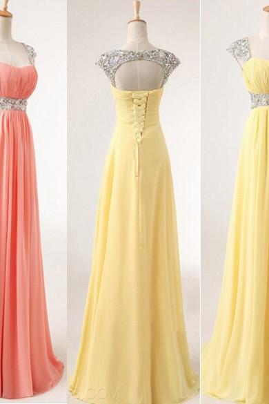 Chiffon Prom Dresses,Straps Prom Dress,Modest Evening Gown,Sparkly Prom Gowns,Beading Evening Dress,Sparkle Evening Gowns,2016 Pink Prom Gowns,Backless Evening Gowns,Yellow Party Dresses