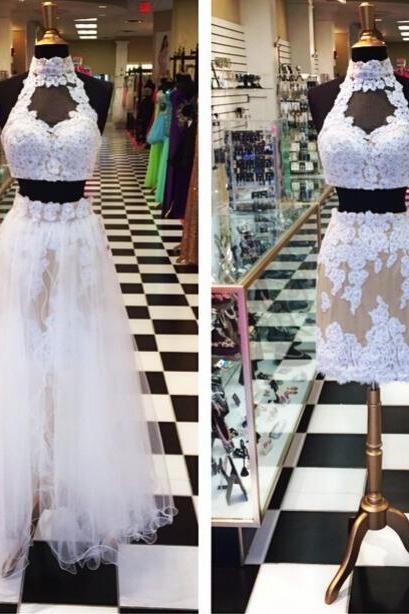 2 Piece Prom Gown,Two Piece Prom Dresses,White Lace Evening Gowns,2 Pieces Party Dresses,Tulle Evening Gowns,Straps Formal Dress,Champagne Evening Gown For Teens
