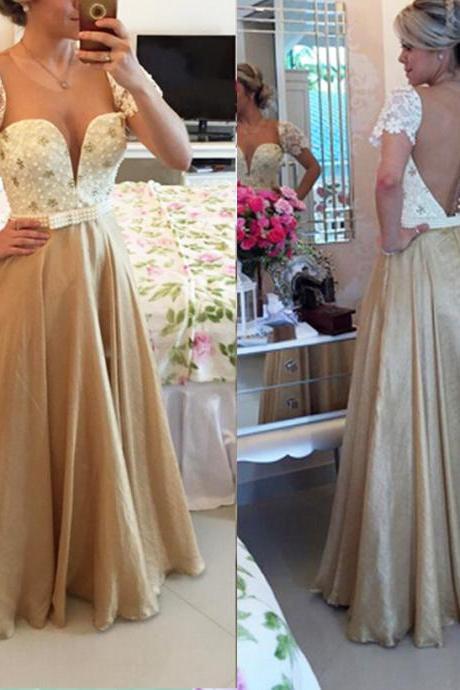White Prom Dresses,Charming Evening Dress,White Prom Gowns,Lace Prom Dresses,2016 New Prom Gowns,Champagne Evening Gown,Backless Party Dresses