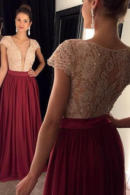Burgundy Prom Dresses,Lace Evening Dress,Prom Gowns With Sheer Sleeves,Mermaid Prom Gown,Beautiful Lace Formal Gown 