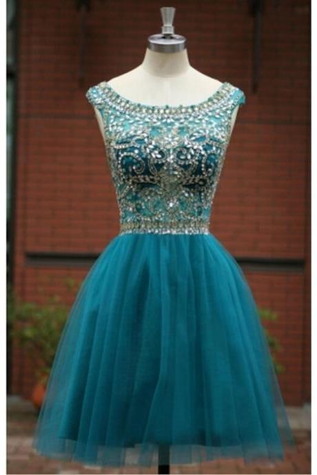 Blue Homecoming Dress,Short Prom Gown,Tulle Homecoming Gowns,A Line Beaded Party Dress, Elegant Prom Dresses