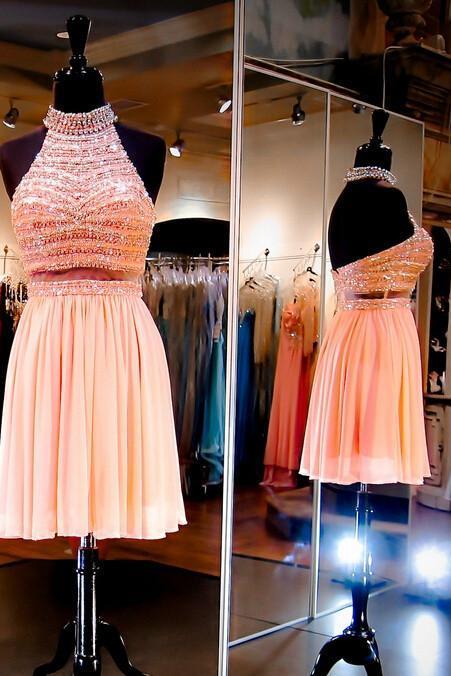 Homecoming Dress,2 Piece Homecoming Dresses,Silver Beading Homecoming Gowns,Short Prom Gown,Sweet 16 Dress,Homecoming Dress,2 pieces Cocktail Dress,Two Pieces Evening Gowns