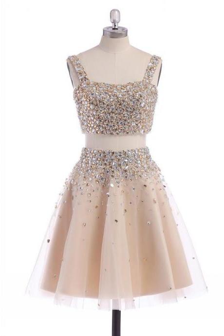 Two Piece A-line Short Tulle Prom Dress with Rhinestone Jewels Embellishment