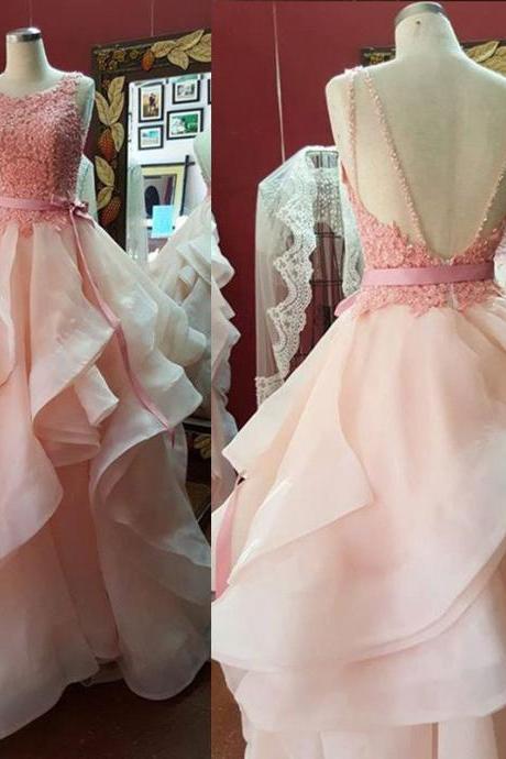 Prom Dresses,Princess Prom Dress,Ball Gown Prom Gown,Pink Prom Gown,Elegant Evening Dress,Evening Gowns,2016 Party Gowns With Lace