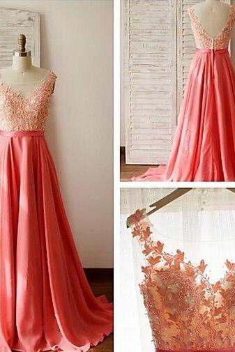 Coral Prom Dresses,2016 Evening Dresses,New Fashion Prom Gowns,Elegant Prom Dress,Lace Prom Dresses,Chiffon Evening Gowns,Simple Formal Dress For Teen