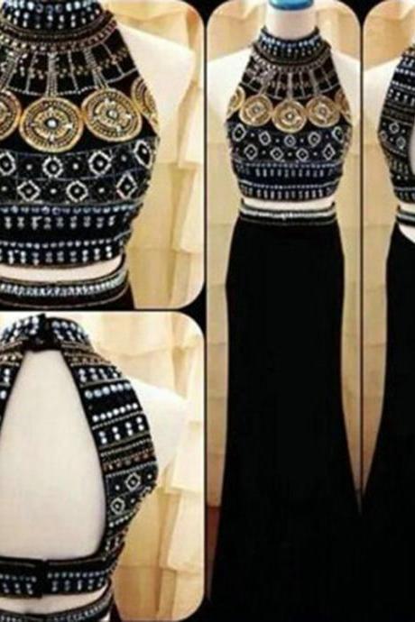Beaded Prom Dresses,Beading Prom Dress,Black Prom Gown,2 Pieces Prom Gowns,Elegant Evening Dress,Two Piece Evening Gowns,2 Pieces Evening Gowns,A Line Prom Dress