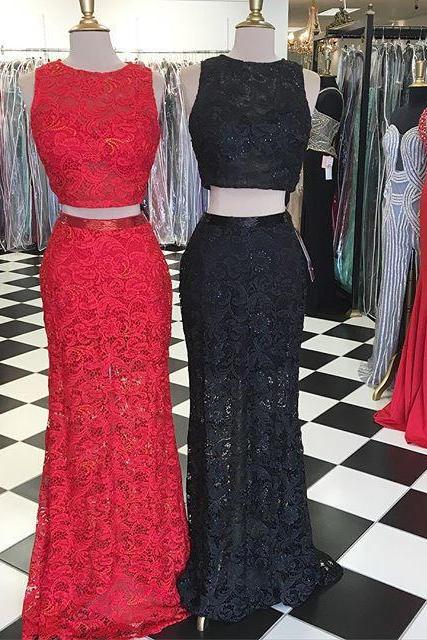 2 Piece Prom Gown,Two Piece Prom Dresses,Red Evening Gowns,2 Pieces Party Dresses,Lace Evening Gowns,Formal Dress For Teens