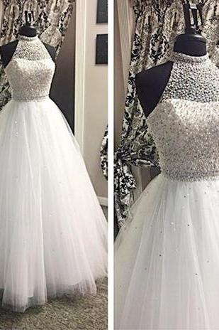 White Prom Dresses,Tulle Prom Dress,Modest Prom Gown,Silver BeadedProm Gown,Princess Evening Dress,Ball Gown Evening Gowns,Beaded Party Gowns,2016 Evening Gown