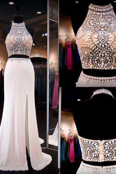Silver Beaded Prom Dresses,Beading Prom Dress,White Prom Gown,2 Pieces Prom Gowns,Elegant Evening Dress,Modest Evening Gowns,2 Piece Party Gowns,Prom Dress