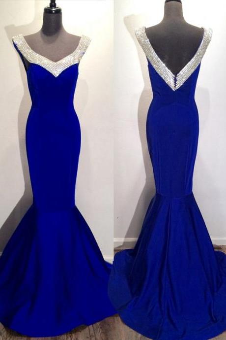 Mermaid Prom Gown,Royal Blue Prom Dresses,Royal Blue Evening Gowns,Beaded Party Dresses,Evening Gowns,2016 Formal Dress For Teen