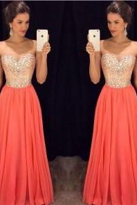 Coral Prom Dresses,Fitted Evening Gowns,Sexy Formal Dresses,Beaded Prom Dresses,Beadings Evening Gown,Modest Evening Dress,Chiffon Prom Dresses,Elegant Evening Dresses
