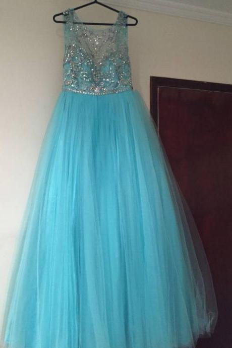 Blue Prom Dresses,Tulle Prom Dress,Modest Prom Gown,Silver Beaded Prom Gown,Princess Evening Dress,Ball Gown Evening Gowns,Beaded Party Gowns