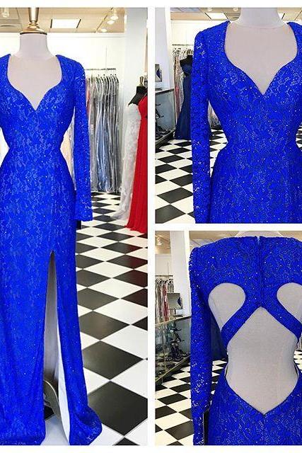 Royal Blue Prom Dresses,Lace Evening Dress,Sexy Prom Dress,Prom Dresses With Long Sleeves,Charming Prom Gown,Open Back Prom Dress,Mermaid Fashion Evening Gowns for Teens