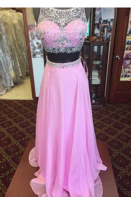 2 Piece Prom Gown,Two Piece Prom Dresses,Pink Evening Gowns,2 Pieces Party Dresses,Chiffon Evening Gowns,Glitter Formal Dress,Sparkly Evening Gowns For Teens