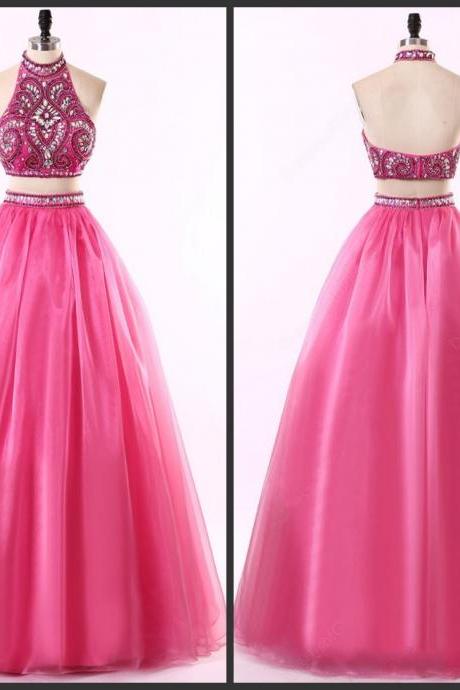 Two Piece Halter Neck Floor-length Chiffon Prom Gown