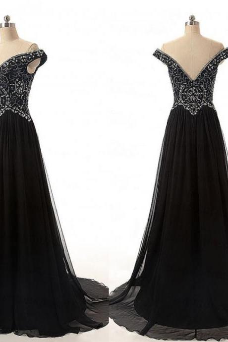 Charming Prom Dress,Off Shoulder Prom Dress,Black Evening Dress,Beading Evening Gown