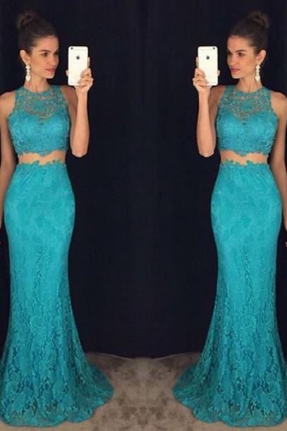 2 Piece Prom Gown,Two Piece Prom Dresses,2 Pieces Party Dresses,Lace Evening Gowns,Formal Dress For Teens