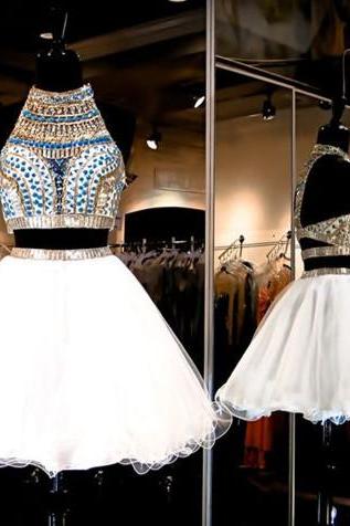 White Homecoming Dress,2 Piece Homecoming Dresses,Beading Homecoming Gowns,Short Prom Gown,Sexy Sweet 16 Dress,Bling Homecoming Dress,2 pieces Cocktail Dress